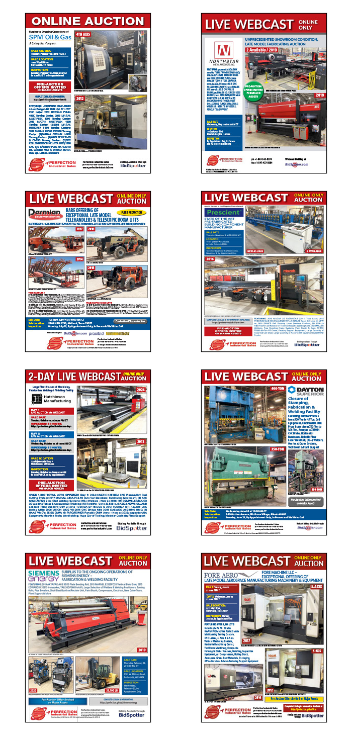 Perfection Industrial Sales CNC machine, metal fabrication, and industrial auction brochures.